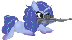 Size: 3840x2160 | Tagged: safe, alternate version, artist:straighttothepointstudio, misty brightdawn, pony, unicorn, g5, my little pony: make your mark, angry, curly hair, curly mane, digital art, female, freckles, gun, high res, lying down, mare, rifle, simple background, sniper, sniper rifle, solo, transparent background, unshorn fetlocks, weapon