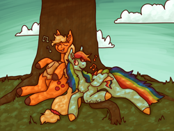 Size: 1280x960 | Tagged: safe, artist:theclister, applejack, rainbow dash, earth pony, pegasus, pony, g4, duo, duo female, eyes closed, female, hat off, lesbian, mare, ship:appledash, shipping, singing, tree