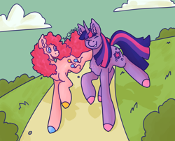 Size: 1280x1032 | Tagged: safe, artist:theclister, pinkie pie, twilight sparkle, earth pony, pony, unicorn, g4, cloud, duo, duo female, eyes closed, female, happy, lesbian, mare, path, ship:twinkie, shipping, smiling, unicorn twilight, walking