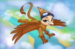 Size: 2180x1422 | Tagged: safe, artist:kittytitikitty, oc, oc only, oc:suban, griffon, cloud, flying, gliding, goggles, griffon oc, scenery, smiling, solo