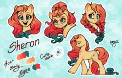 Size: 1280x812 | Tagged: safe, artist:amishy, oc, oc only, oc:sheron, pony, unicorn, abstract background, braid, color palette, eyes closed, female, freckles, gradient mane, mare, open mouth, open smile, ponytail, reference sheet, smiling, solo