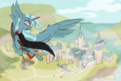 Size: 2560x1707 | Tagged: safe, artist:silverfir, artist:stesha, trixie, alicorn, bird, owl, pony, g4, alicornified, beautiful, broom, castle, clothes, cloud, collaboration, commission, crossover, female, flying, flying broomstick, full body, harry potter (series), hogwarts, looking at something, mare, necktie, open mouth, race swap, robe, sketch, sky, solo, tail, trixiecorn, windswept mane, windswept tail, wings, wizard, your character here