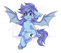 Size: 1383x1200 | Tagged: safe, artist:falafeljake, oc, oc only, bat pony, pony, :p, chest fluff, eyebrows, eyebrows visible through hair, one ear down, sitting, solo, tongue out