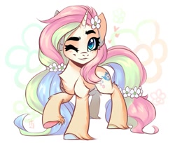 Size: 1200x978 | Tagged: safe, artist:falafeljake, oc, oc only, pony, unicorn, cute, eyebrows, female, flower, flower in hair, mare, one eye closed, simple background, solo, wink