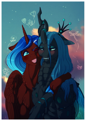 Size: 1483x2085 | Tagged: safe, artist:silverwolf866, queen chrysalis, oc, oc:aine aisling, alicorn, changeling, changeling queen, pony, g4, alicorn oc, blushing, canon x oc, cloven hooves, commission, duo, fangs, female, floppy ears, heart, horn, hug, lesbian, lo, mare, shipping, tongue out, wings