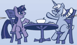 Size: 624x365 | Tagged: safe, idw, jade singer, summer mane, twilight sparkle, pony, unicorn, g4, my little pony micro-series, bandage, bowl, broken leg, chair, cropped, female, glasses, hooves up, horn, mare, sitting, smiling, spoon, table, unicorn twilight