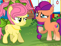 Size: 1611x1200 | Tagged: safe, artist:dianamur, artist:small-brooke1998, posey bloom, sunny starscout, earth pony, pony, g4, g5, base used, bully, bullying, crying, female, filly, filly posey bloom, filly sunny starscout, foal, g5 to g4, generation leap, younger