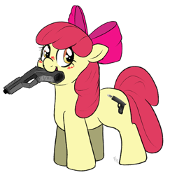 Size: 1767x1818 | Tagged: safe, artist:ponykittenboi, derpibooru exclusive, apple bloom, earth pony, pony, g4, alternate cutie mark, apple bloom's bow, blush sticker, blushing, bow, female, filly, foal, full body, gun, hair bow, handgun, happy, looking at you, mouth hold, pistol, shitposting, signature, simple background, simple shading, smiling, smiling at you, solo, standing, weapon, white background