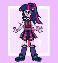 Size: 229x250 | Tagged: safe, artist:antych, sci-twi, twilight sparkle, human, equestria girls, equestria girls series, animated, clothes, cowgirl outfit, crystal guardian, crystal prep academy uniform, crystal wings, dress, female, gif, music festival outfit, outfit catalog, pajamas, purple background, school uniform, simple background, small resolution, solo, swimsuit, wings