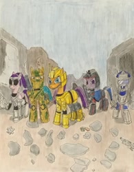 Size: 1047x1345 | Tagged: safe, artist:martialarts2003, hitch trailblazer, izzy moonbow, pipp petals, sunny starscout, zipp storm, earth pony, pegasus, pony, unicorn, g4, g5, apocalypse, armor, armored pony, building, captain power and the soldiers of the future, circuit board, cybernetic legs, g5 to g4, gear, generation leap, glass, gun, helmet, mane five, parts, rubble, ruins, traditional art, visor, weapon