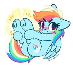 Size: 1294x1213 | Tagged: safe, artist:ruef, rainbow dash, pegasus, pony, g4, 2022, >:3, blush sticker, blushing, butt, colored, cute, dashabetes, dock, emanata, eye clipping through hair, eyebrows, eyebrows visible through hair, female, flat colors, fluffy, folded wings, heart, heart eyes, holding legs, hoof focus, hooves, looking at you, lying down, mare, on back, one ear down, plot, signature, simple background, smiling, smiling at you, solo, tail, thick eyebrows, thick eyelashes, underhoof, wavy mouth, white background, wingding eyes, wings