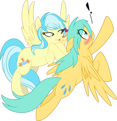 Size: 3473x3591 | Tagged: safe, artist:enigmaticfrustration, artist:starcollider, misty fly, sunshower raindrops, pegasus, pony, g4, .svg available, :p, blushing, duo, exclamation point, eye clipping through hair, female, flying, heart, high res, lesbian, mare, mistydrops, onomatopoeia, shipping, simple background, svg, tongue out, transparent background, vector, wings