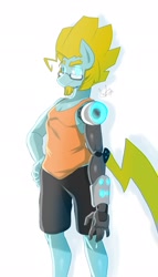 Size: 1172x2047 | Tagged: safe, artist:jaynatorburudragon, oc, oc only, oc:tech gear, anthro, clothes, hand on hip, robotic arm, shorts, solo, tank top