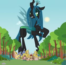 Size: 1280x1262 | Tagged: safe, edit, editor:jaredking779, queen chrysalis, changeling, changeling queen, g4, attack on changeling, attack on titan, female, giant (queen) chrysalis, giant changeling, giantess, looking at you, macro, mega giant, ponyville, ponyville town hall, smiling, solo, tree