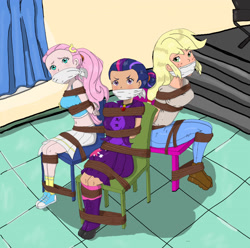 Size: 1242x1234 | Tagged: safe, artist:cottonkeystrokes, applejack, fluttershy, twilight sparkle, human, equestria girls, g4, belly button, bondage, bound and gagged, bound together, cloth gag, clothes, converse, female, gag, humanized, looking at you, looking up, midriff, requested art, ropes, shoes, skirt, struggling, tied hair, tied to chair, tied up, trio