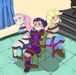 Size: 1242x1234 | Tagged: dead source, safe, artist:atmu, artist:cottonkeystrokes, applejack, fluttershy, twilight sparkle, human, equestria girls, g4, alternate hairstyle, belly button, bondage, bound and gagged, bound together, cloth gag, clothes, converse, female, gag, human coloration, humanized, indoors, light skin, looking at you, looking up, midriff, ponytail, requested art, ropes, shoes, skirt, story included, struggling, tan skin, tied hair, tied to chair, tied up, trio, trio female