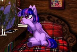 Size: 3202x2149 | Tagged: safe, artist:empress-twilight, twilight sparkle, alicorn, pony, bed, belly, belly button, book, candle, cute, frog (hoof), quill, rain, solo, twiabetes, twilight sparkle (alicorn), underhoof, window