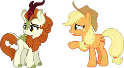 Size: 5250x2885 | Tagged: safe, artist:eclipsethings, applejack, autumn blaze, earth pony, kirin, pony, g4, sounds of silence, applejack's hat, cloven hooves, cowboy hat, duo, female, freckles, hat, simple background, transparent background, vector