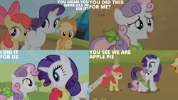 Size: 4400x2475 | Tagged: safe, edit, edited screencap, editor:quoterific, screencap, apple bloom, applejack, rarity, sweetie belle, earth pony, pony, unicorn, g4, sisterhooves social, apple sisters, belle sisters, crying, english, female, filly, foal, mare, siblings, sisters, tears of joy