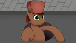 Size: 1920x1080 | Tagged: safe, artist:puginpocket, oc, oc:scarfy bat-heart, earth pony, pony, brown coat, brown mane, earth pony oc, female, green eyes, happy, hat, looking at you, mare, sewer, solo