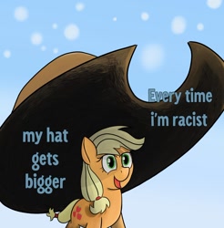 Size: 1080x1099 | Tagged: safe, artist:nonnyanon, applejack, earth pony, pony, g4, applejack's hat, bigotjack, comments locked down, cowboy hat, dialogue, english, female, giant hat, hat, impossibly large hat, mare, meme, open mouth, open smile, oversized hat, ponified, ponified meme, racism, smiling, solo