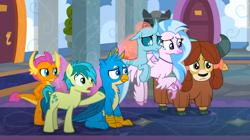 Size: 1131x632 | Tagged: safe, screencap, gallus, ocellus, sandbar, silverstream, smolder, yona, changedling, changeling, classical hippogriff, dragon, earth pony, griffon, hippogriff, pony, yak, g4, uprooted, bow, cloven hooves, colored hooves, cropped, dragoness, female, hair bow, jewelry, male, monkey swings, necklace, raised hoof, student six