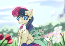 Size: 4096x2887 | Tagged: safe, artist:jfrxd, bon bon, lyra heartstrings, sweetie drops, earth pony, pony, unicorn, g4, adorabon, chest fluff, cute, duo, eyes closed, female, flower, high res, lesbian, looking at you, lyrabetes, mare, scenery, ship:lyrabon, shipping, sitting, smiling, smiling at you, white pupils