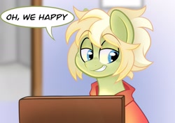 Size: 2048x1448 | Tagged: safe, artist:balychen, oc, oc only, oc:milli, earth pony, pony, briefcase, clothes, dialogue, earth pony oc, english, eponafest, female, grin, jacket, lidded eyes, mare, ponytail, pulp fiction, smiling, solo, speech bubble