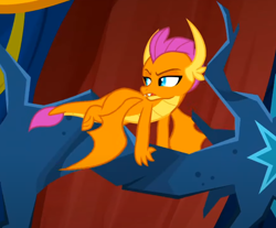 Size: 730x605 | Tagged: safe, screencap, smolder, dragon, g4, my little pony: friendship is magic, uprooted, cropped, dragoness, female, flying, looking back, smolder is not amused, solo, unamused