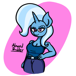 Size: 630x630 | Tagged: safe, artist:almondbudder, trixie, unicorn, anthro, g4, breasts, cleavage, female, hand on hip, looking at you, solo