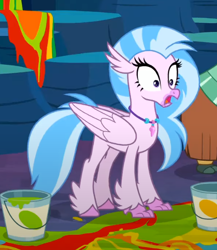 Size: 496x571 | Tagged: safe, screencap, silverstream, yona, classical hippogriff, hippogriff, yak, g4, uprooted, colored hooves, cropped, female, jewelry, necklace, offscreen character, open mouth, reaction image