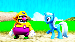 Size: 1920x1080 | Tagged: safe, artist:pac-mario64, trixie, human, pony, unicorn, g4, 3d, crossover, looking at each other, looking at someone, male, mmd, nintendo, open mouth, super mario bros., super smash bros., wario