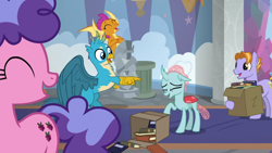 Size: 1280x720 | Tagged: safe, screencap, auburn vision, berry blend, berry bliss, gallus, ocellus, smolder, changedling, changeling, dragon, earth pony, griffon, pony, g4, school daze, book, box, friendship student, male, school of friendship, stallion, statue