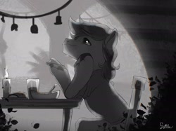 Size: 2732x2048 | Tagged: safe, artist:rottengotika, oc, oc only, pony, bread, candle, chair, eating, food, grayscale, herbivore, high res, monochrome, solo, table