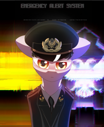 Size: 1563x1896 | Tagged: safe, artist:rainydark, oc, pony, black background, black hair, black league, blue background, clothes, digital art, english, hat, hearts of iron 4, looking at you, male, military, military uniform, orange background, orange eyes, ponified, simple background, solo, the new order: last days of europe, uniform