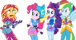 Size: 7397x3909 | Tagged: safe, artist:eclipsethings, pinkie pie, rainbow dash, rarity, sunset shimmer, human, equestria girls, g4, my little pony equestria girls: friendship games, bow, hair bow, motocross outfit, ponied up, simple background, skating outfit, sunset shimmer is not amused, transparent background, unamused, vector