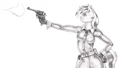 Size: 1600x902 | Tagged: safe, artist:baron engel, oc, oc only, oc:skyfall, unicorn, anthro, belt, breasts, coveralls, firing, gun, hand on hip, handgun, holster, monochrome, pencil drawing, pistol, revolver, shooting, simple background, solo, stance, story included, tight clothing, traditional art, weapon, white background