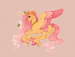 Size: 900x684 | Tagged: safe, artist:traceofstardust, fluttershy, alicorn, pony, g4, alicornified, butt, colored hooves, colored wings, colored wingtips, crown, female, flower, fluttercorn, jewelry, levitation, long mane, lying down, magic, magic aura, necklace, plot, race swap, regalia, solo, sparkly mane, telekinesis, two toned wings, unshorn fetlocks, wings