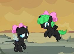 Size: 2241x1629 | Tagged: safe, artist:lillyleaf101, oc, oc:pupa, alicorn, changeling, pony, fallout equestria, bow, disguise, disguised changeling, female, filly, foal, hair bow