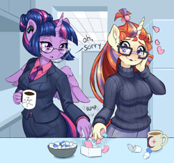 Size: 1600x1496 | Tagged: safe, artist:dstears, moondancer, twilight sparkle, alicorn, unicorn, anthro, g4, alternate hairstyle, breasts, business suit, caffeine, chemistry joke, clothes, coffee, coffee mug, earpiece, english, female, floating heart, glasses, heart, lesbian, mug, office, ship:twidancer, shipping, suit, turtleneck, twilight sparkle (alicorn), unrequited