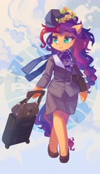 Size: 2351x4096 | Tagged: safe, artist:saxopi, sunny starscout, earth pony, pony, semi-anthro, g5, abstract background, arm hooves, bag, clothes, female, flower, hat, hoof hold, luggage, mare, pan am, rose, shoes, skirt, solo, stewardess, underhoof