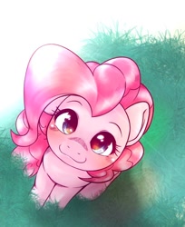 Size: 836x1024 | Tagged: safe, artist:kurogewapony, pinkie pie, earth pony, pony, g4, abstract background, cute, daaaaaaaaaaaw, diapinkes, female, grass, grass field, high angle, looking at you, looking up, looking up at you, mare, simple background, sitting, smiling, smiling at you, solo, weapons-grade cute, white background