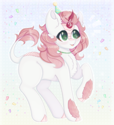 Size: 2000x2200 | Tagged: safe, artist:saltyvity, oc, kirin, pony, beads, brown hair, cute, cute face, cute smile, ear fluff, fluffy, green eyes, happy, happy birthday, high res, horn, kirin oc, simple background, solo, white body