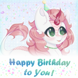 Size: 1000x1000 | Tagged: safe, artist:saltyvity, oc, kirin, pony, beads, blushing, brown hair, cute, cute face, cute smile, ear fluff, fluffy, green eyes, happy, happy birthday, horn, kirin oc, simple background, solo, white body