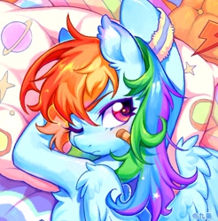 Size: 1180x1197 | Tagged: safe, artist:千雲九枭, rainbow dash, pegasus, pony, semi-anthro, g4, arm hooves, bandaid, bed mane, blushing, chest fluff, clothes, cushion, female, human shoulders, leg warmers, looking at you, mare, one eye closed, pillow, solo