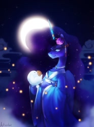Size: 1152x1553 | Tagged: safe, artist:anticular, princess luna, alicorn, firefly (insect), insect, pony, rabbit, g4, animal, chang'e, clothes, female, flower, flower in hair, full moon, horn, horn jewelry, horn ring, jewelry, mare, moon, moon rabbit, ring, ruqun, solo