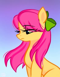 Size: 1074x1368 | Tagged: safe, artist:petaltwinkle, posey (g5), earth pony, pony, g5, bow, female, frown, gradient background, hair bow, loose hair, mare, sad, solo