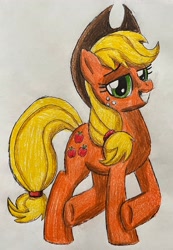 Size: 2119x3058 | Tagged: safe, artist:bozzerkazooers, applejack, earth pony, pony, g4, grin, high res, lidded eyes, looking at you, smiling, solo, traditional art