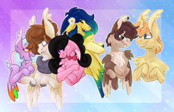 Size: 1612x1040 | Tagged: safe, artist:thatonefluffs, oc, oc:moonlight, oc:persimmon, oc:spectrum, oc:summer days, oc:synchronize, earth pony, pegasus, pony, unicorn, base used, blushing, bowtie, clothes, freckles, scarf, sharp teeth, smiling, teeth