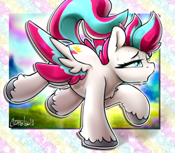 Size: 1368x1192 | Tagged: safe, artist:llametsul, zipp storm, pegasus, pony, g5, atg 2022, blurry background, blushing, colored, female, lidded eyes, mare, newbie artist training grounds, open mouth, signature, solo, sweat, unshorn fetlocks